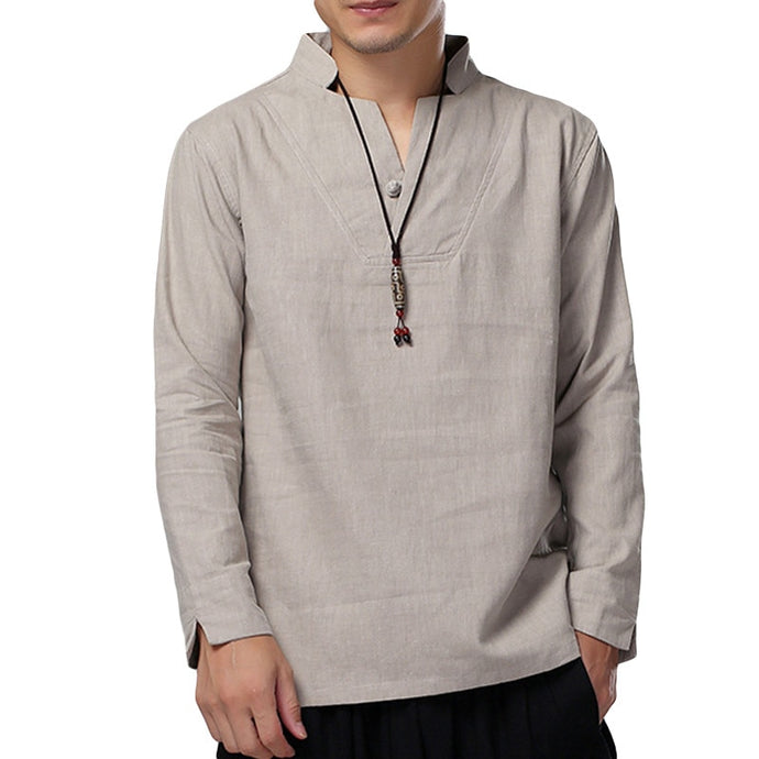 2019 Vintage Mens Shirts Dress Cotton Linen Autumn Long Sleeve