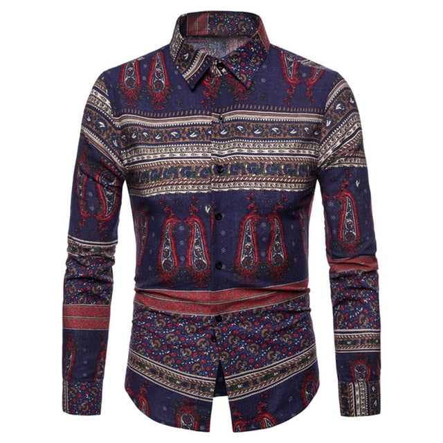 2019 Vintage Mens Shirt Dress Long Sleeve Autumn Shirts